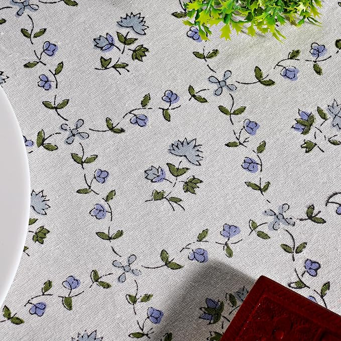 Ridhi Block Print Round Powder Blue Reusable Tablecloth 100% Cotton 60" Inch Decorative Table Cover eveyday Dining, Home, Party, Wedding, Farmhouse Gift for Spring, Easter, Valentine