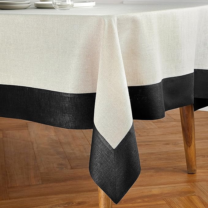 Solino Home Linen Tablecloth 60 x 90 Inch - 100% Pure Linen Black and Natural Rectangular Tablecloth - Machine Washable Table Cloth for Winter - Contempo