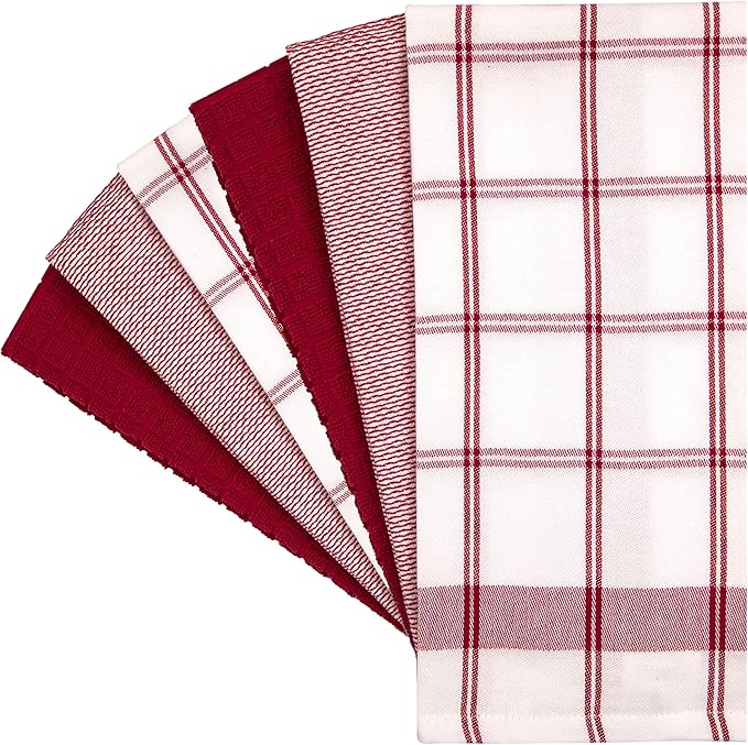 Premium Kitchen Towels (20”x 28”, 6 Pack) | Large Cotton Dish Towels | Flat & Terry Highly Absorbent Kitchen Linen Set with Hanging Loop | Red Check