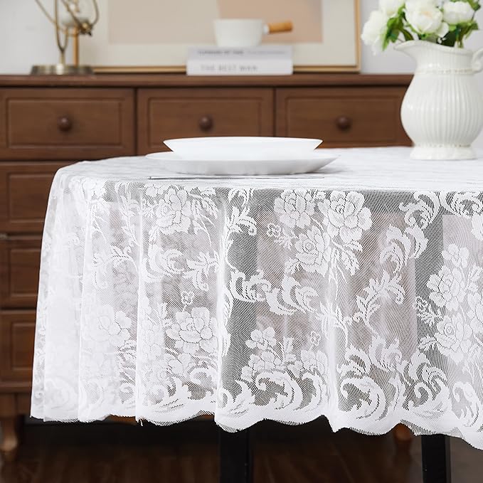 Warm Home Designs Round Wedding Tablecloth. 60 Inch White Circle Table Cover. Elegant Small Tablecloth for Small Tables Features Floral Design for Rustic Wedding Decor. MTC White Round 60