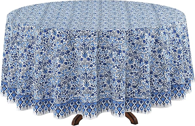 Ridhi Block Print Round Dark Royal Blue Reusable Tablecloth 100% Cotton 132" Inch Decorative Table Cover eveyday Dining, Home, Party, Wedding, Farmhouse Gift for Spring, Easter, Valentine