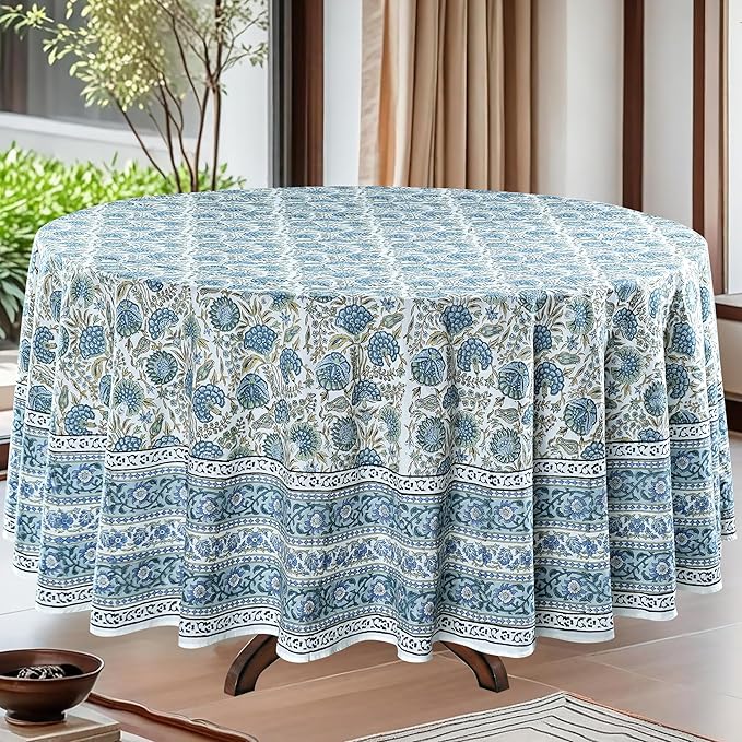 Ridhi Block Print Round Asparagus Green Reusable Tablecloth 100% Cotton 90" Inch Decorative Table Cover eveyday Dining, Home, Party, Wedding, Farmhouse Gift for Spring, Easter, Valentine