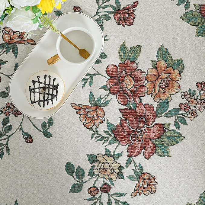 Dimatic Cotton and Linen Rectangular Tablecloth with Botanical Elements for Desks, Dining Tables, Home Table Cloths, Party and Holiday Decorations, Red 55 x 118 Inches