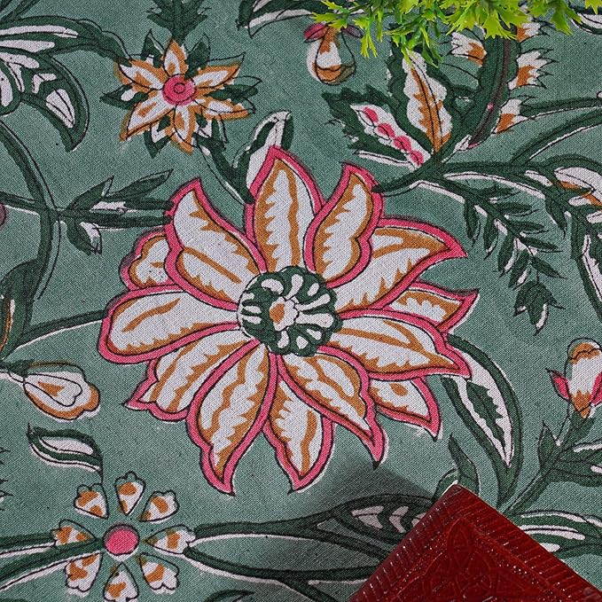 Ridhi Block Print Round Virdian Green Reusable Tablecloth 100% Cotton 132" Inch Decorative Table Cover eveyday Dining, Home, Party, Wedding, Farmhouse Gift for Spring, Easter, Valentine