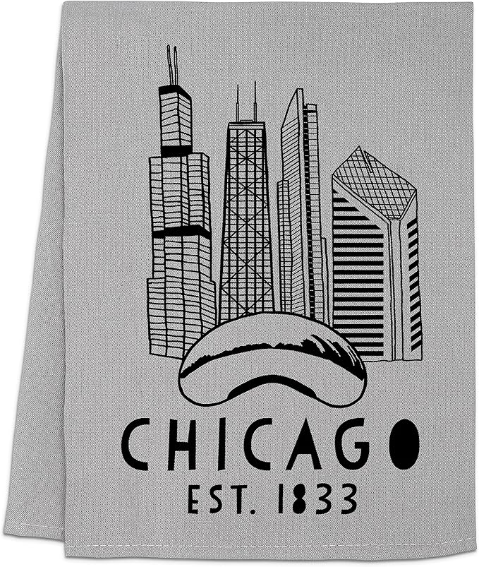Moonlight Makers Original Flour Sack Dish Towel - 100% Cotton Kitchen Towels, Cute Cleaning Cloth, Lint-Free & Absorbent Kitchen Tea Linens for Dish Drying, 28inx28in - Chicago Skyline, Gray