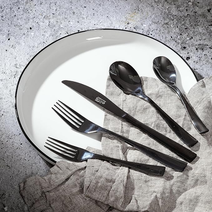Gibson Elite Holland Road 20-Piece Flatware Silverware Set - Stainless Steel Utensils - Forks, Spoons, Knives -Service for 4 - Black