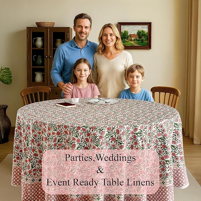 CPC Round Tablecloth- Cotton Indian Block Print Tablecloth -Handmade Printed Washable Cotton Table Cloth - Spring/Summer, Wedding Table Cover - Red Garnet 110 Inches