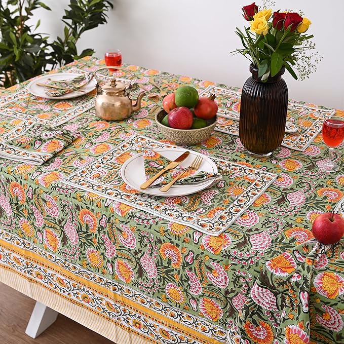 Hand Block Printed Cotton Tablecloth Elegant Floral Design,Dining Table Kitchen, Parties Home Decor, Wall Tapestry (Daisy Sunshine, 12 Seater 72 x 135 Inches Rectangle)
