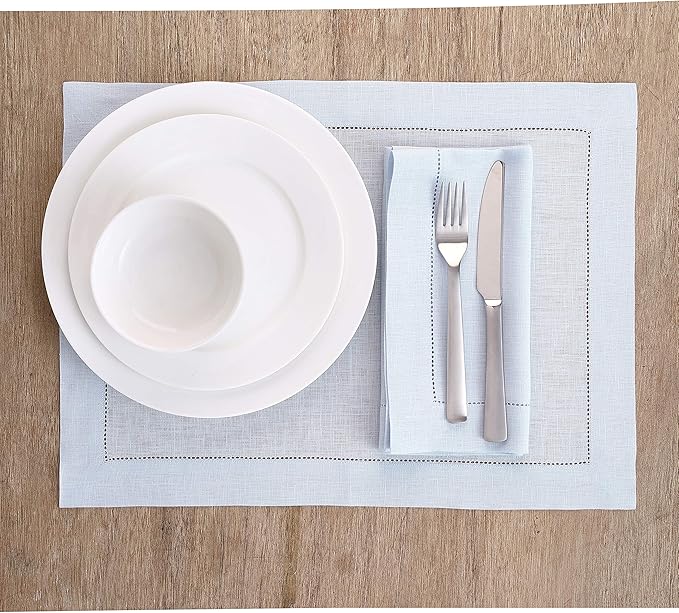 Solino Home Linen Placemats Set of 4 - Classic Hemstitch Light Blue Placemats 14 x 19 Inch - 100% Pure Linen Table Mats for Winter, Spring, Easter