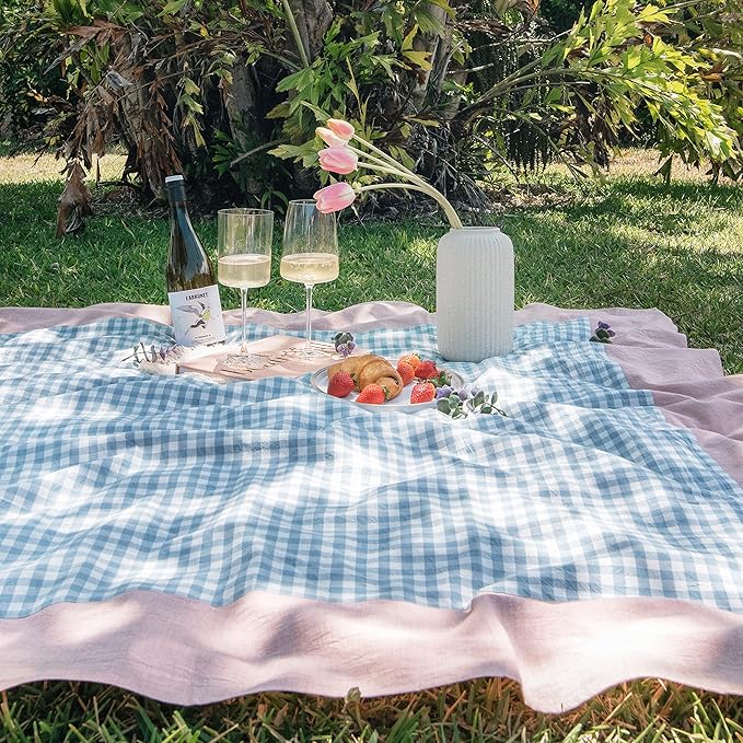 MONDAY MOOSE Gingham Checkered Farmhouse Rustic Picnic Style Decoration Rectangle Natural Stonewashed Cotton Tablecloth for Kitchen, Dining Room, Restaurant (55x70 inch, Blue/Clay)