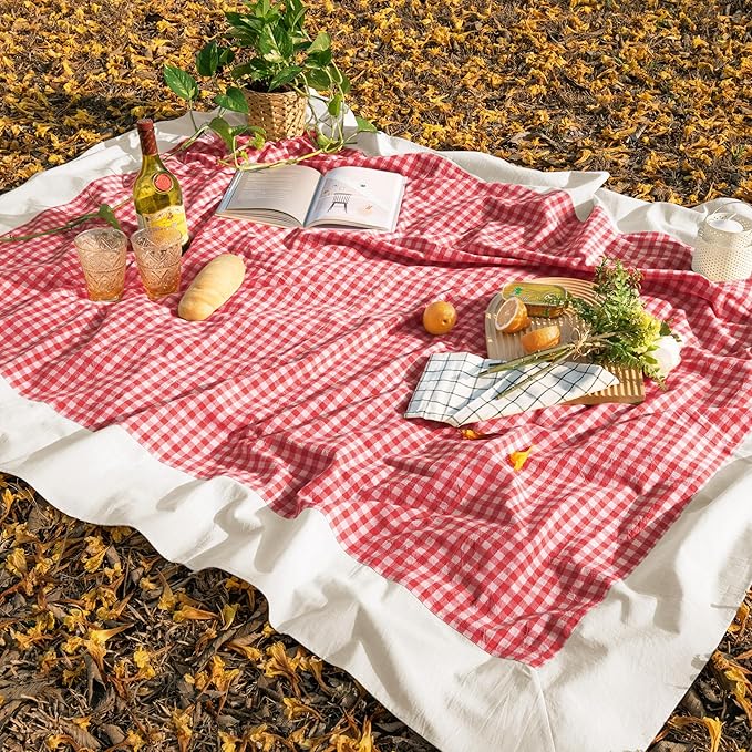 MONDAY MOOSE Gingham Checkered Farmhouse Rustic Picnic Style Decoration Rectangle Natural Stonewashed Cotton Tablecloth for Kitchen, Dining Room, Restaurant (55x70 inch, Red/White)