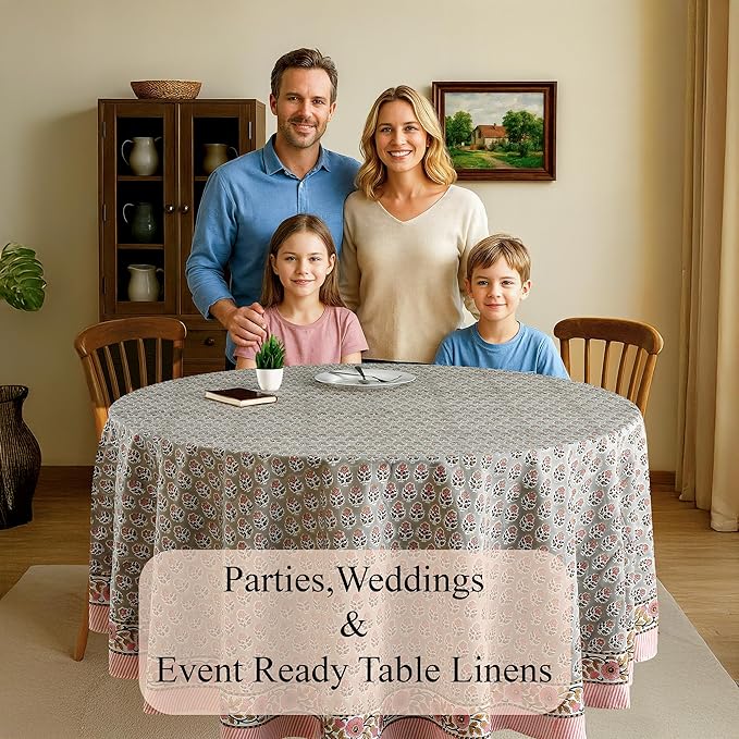 CPC Round Tablecloth- Cotton Indian Block Print Tablecloth -Handmade Printed Washable Cotton Table Cloth - Spring/Summer, Wedding Table Cover - Labra Gray 110 Inches