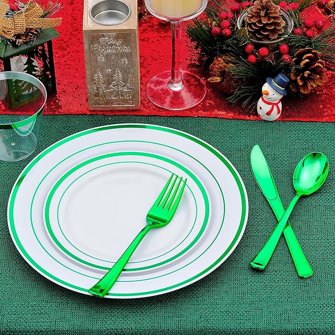 300PCS Green Dinnerware Set, 50 Guests White and Green Plastic Plates, Fancy Plastic Plate-50 Dinner Platos, 50 Dessert Platos, 50 Silverware Set, 50 Cups for Party Wedding