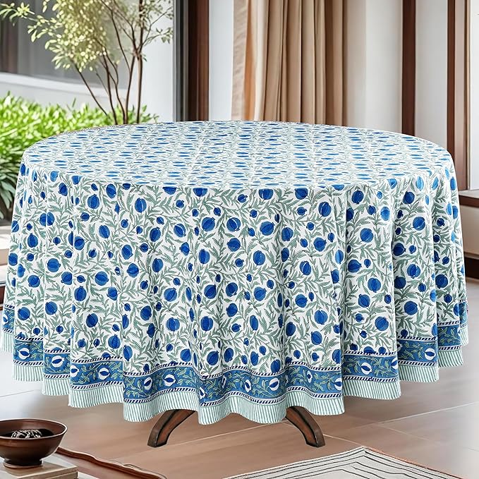 Ridhi Block Print Round Queen Blue Reusable Tablecloth 100% Cotton 120" Inch Decorative Table Cover eveyday Dining, Home, Party, Wedding, Farmhouse Gift for Spring, Easter, Valentine