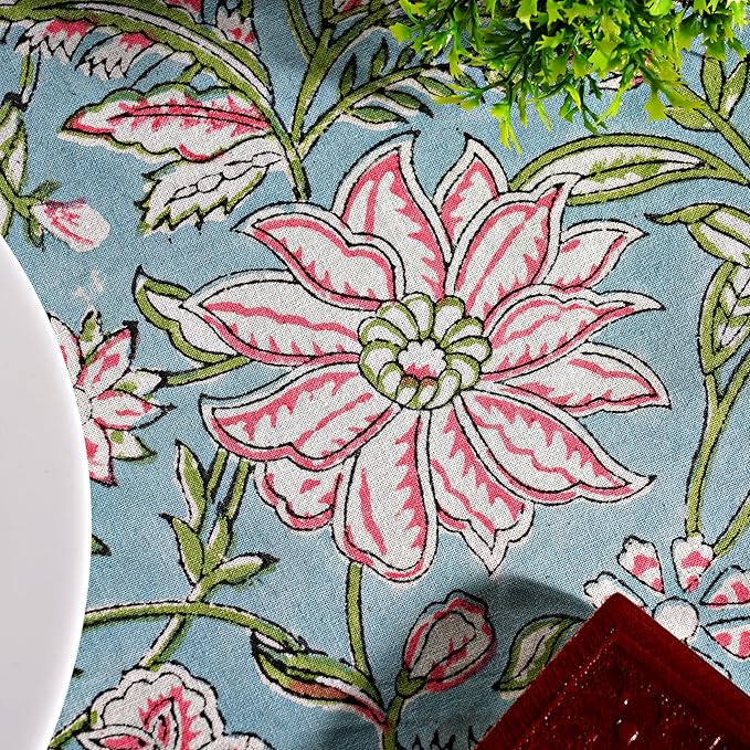 Ridhi Block Print Round Turquoise Blue Reusable Tablecloth 100% Cotton 110" Inch Decorative Table Cover eveyday Dining, Home, Party, Wedding, Farmhouse Gift for Spring, Easter, Valentine