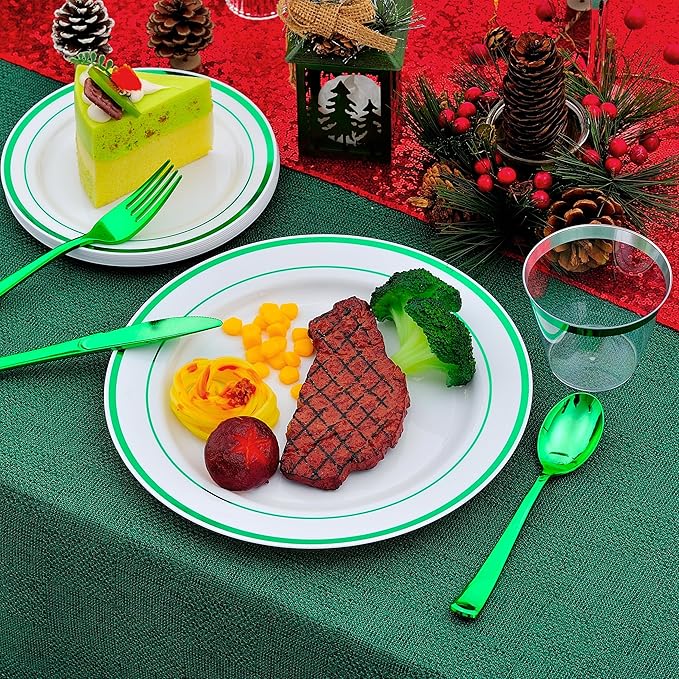 300PCS Green Dinnerware Set, 50 Guests White and Green Plastic Plates, Fancy Plastic Plate-50 Dinner Platos, 50 Dessert Platos, 50 Silverware Set, 50 Cups for Party Wedding