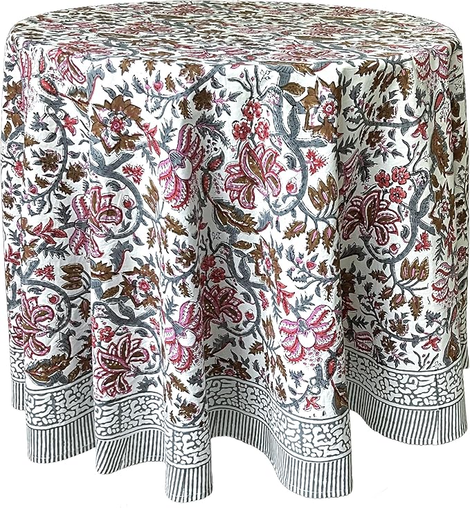 ATOSII Eden Multicolor 100% Cotton Round Tablecloth, Handblock Print Floral Table Cloth for Kitchen Dining Linen I Parties, Weddings, Outdoors, Holidays I Fall Home Decor 72" Inches Round