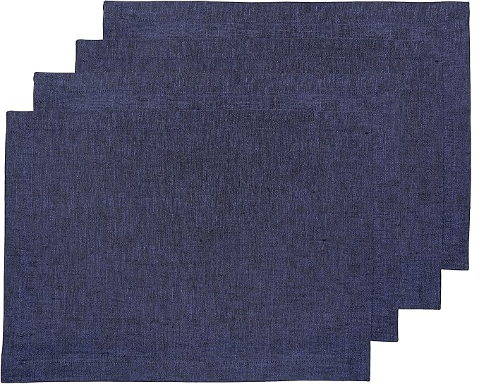 Solino Home Linen Cloth Placemats Set of 4-100% Pure Linen Chambray Navy Placemats 14 x 19 Inch for Winter, Spring - Athena