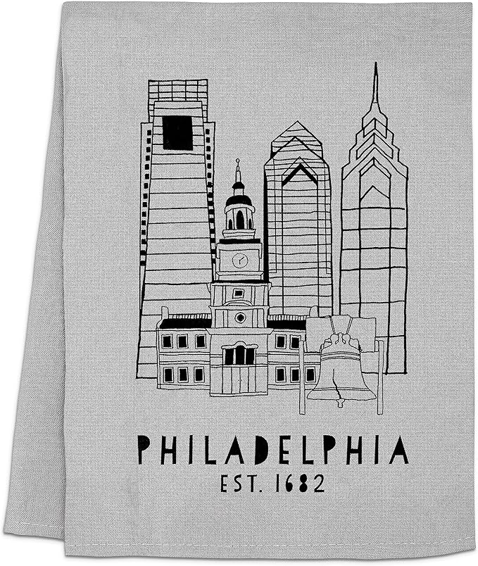 Moonlight Makers Original Flour Sack Dish Towel - 100% Cotton Kitchen Towels, Cute Cleaning Cloth, Lint-Free & Absorbent Kitchen Tea Linens for Dish Drying, 28inx28in - Philadelphia Skyline, Gray