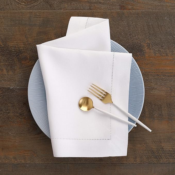 Solino Home White Linen Napkins Set of 4-100% Pure Linen Hemstitch Dinner Napkins 20 x 20 Inch for Winter, Valentines, Spring, Easter - Classic Hemstitch