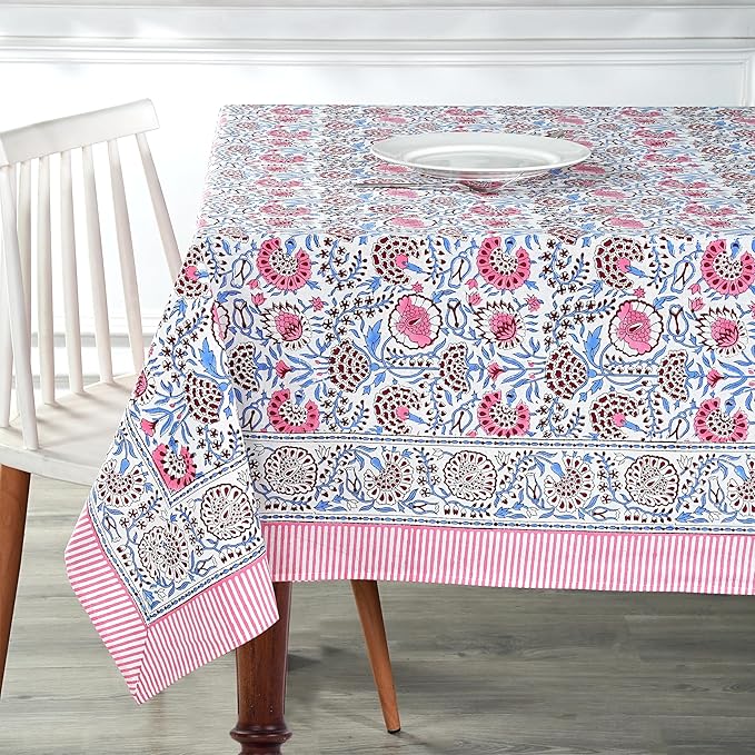 Ridhi Hand Block Print Pigeon Blue Flamingo Pink Rectangle Cotton Tablecloth 102" x 48" Reusable Table Cover Decorative Everyday Use for Dining, Farmhouse, Home Gift for Spring, Easter, Valentine
