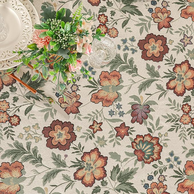 Dimatic Stylish Cotton Linen Rectangular Tablecloth for Kitchen Dining Table, Holiday Party Decorations Table Cover, Floral Green, 55 x 102 Inches