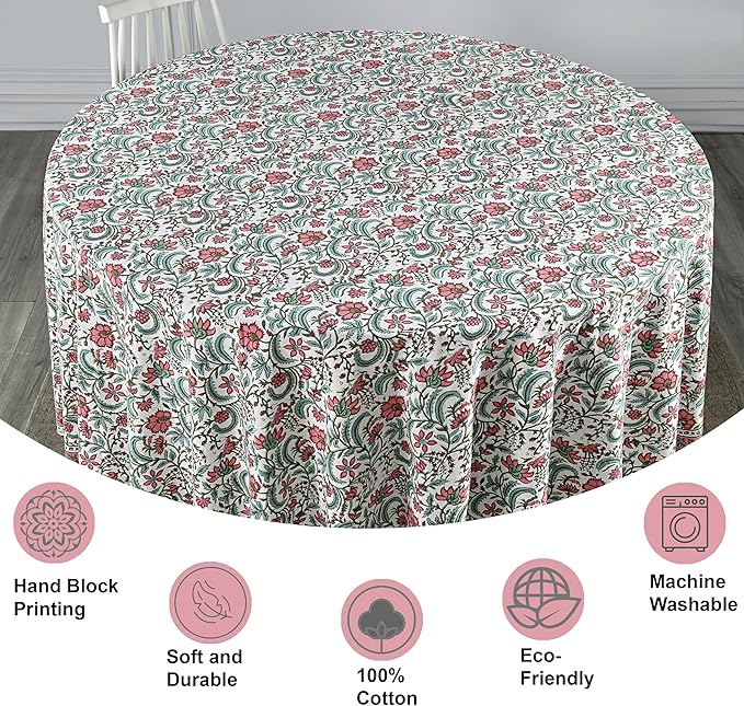 Ridhi Block Print Round Tulip Pink Reusable Tablecloth 100% Cotton 60" Inch Decorative Table Cover eveyday Dining, Home, Party, Wedding, Farmhouse Gift for Spring, Easter, Valentine