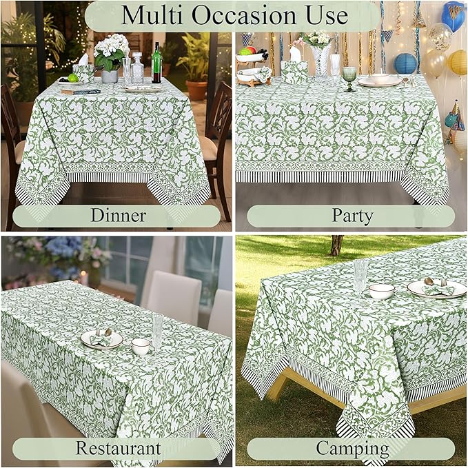 Ridhi - Hand Block Print Cotton Cloth Dinning Table Cover Wedding Farmhouse Thanks Giving Christmas Spring Tablecloth (Sage Green, 8 Seater 70x108 Inches)
