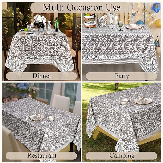 Ridhi Hand Block Print Taupe Rectangle Cotton Tablecloth 120" x 80" Reusable Table Cover Decorative Everyday Use for Dining, Farmhouse, Home Gift for Spring, Easter, Valentine