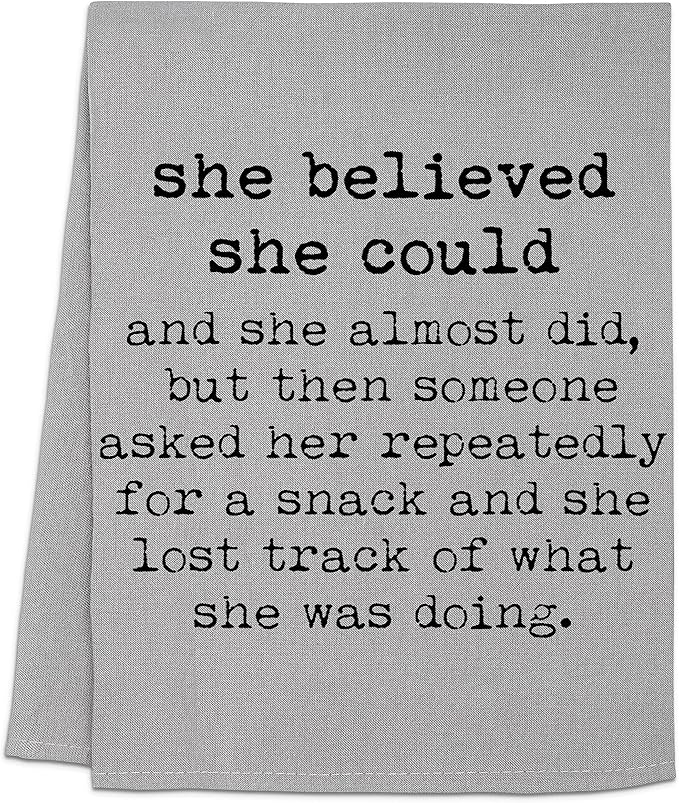 Moonlight Makers Funny Kitchen Towels with Sayings – Housewarming Gifts, Funny Dish Towels, Cotton Flour Sack, Home Decor, Apartment Essentials, Baking Gifts for Women – Gray, She Believed She Could
