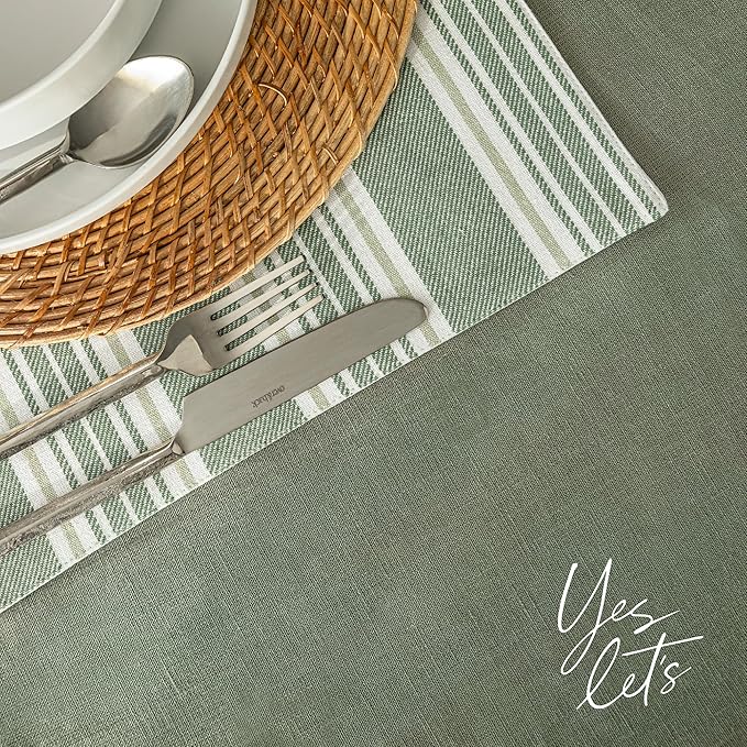 Over&Back 100%-Linen Woven Tablecloth - Colorful Dining Room Table Cover - Mitered Corner Hems - Machine Washable - Kitchen and Home Decor - Green - 70x90