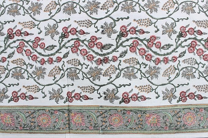 Ridhi Hand Block Print Coral Pink Rectangle Cotton Tablecloth 108" x 70" Reusable Table Cover Decorative Everyday Use for Dining, Farmhouse, Home Gift for Spring, Easter, Valentine