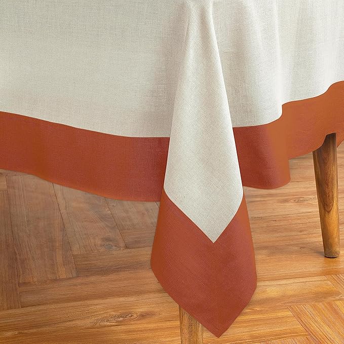 Solino Home Linen Tablecloth 60 x 108 Inch - 100% Pure Linen Cinnamon and Natural Rectangular Tablecloth - Machine Washable Table Cloth - Contempo