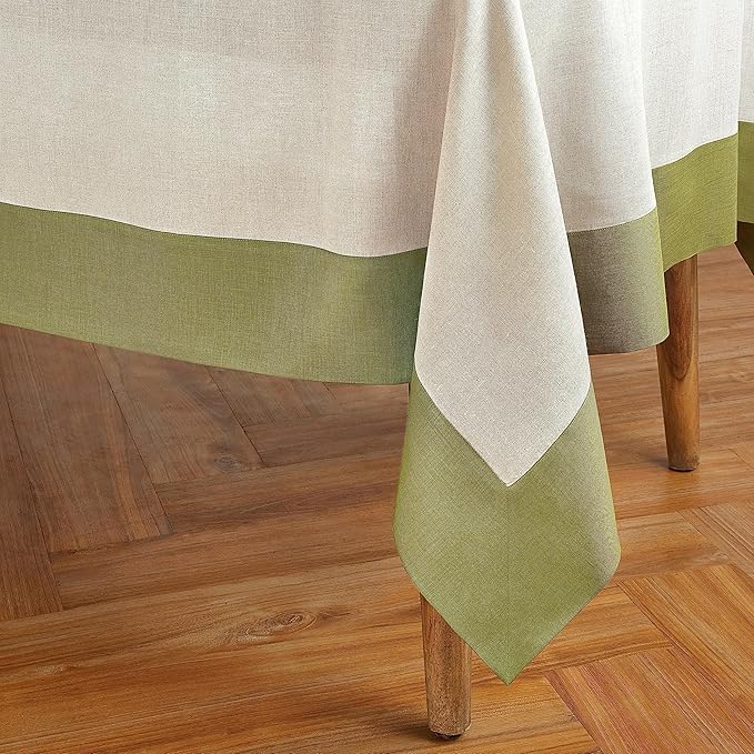 Solino Home Linen Tablecloth 60 x 90 Inch - 100% Pure Linen Avocado and Natural Tablecloth for Rectangle Tables - Contempo, Machine Washable Table Cloth for Winter, St Patricks Day